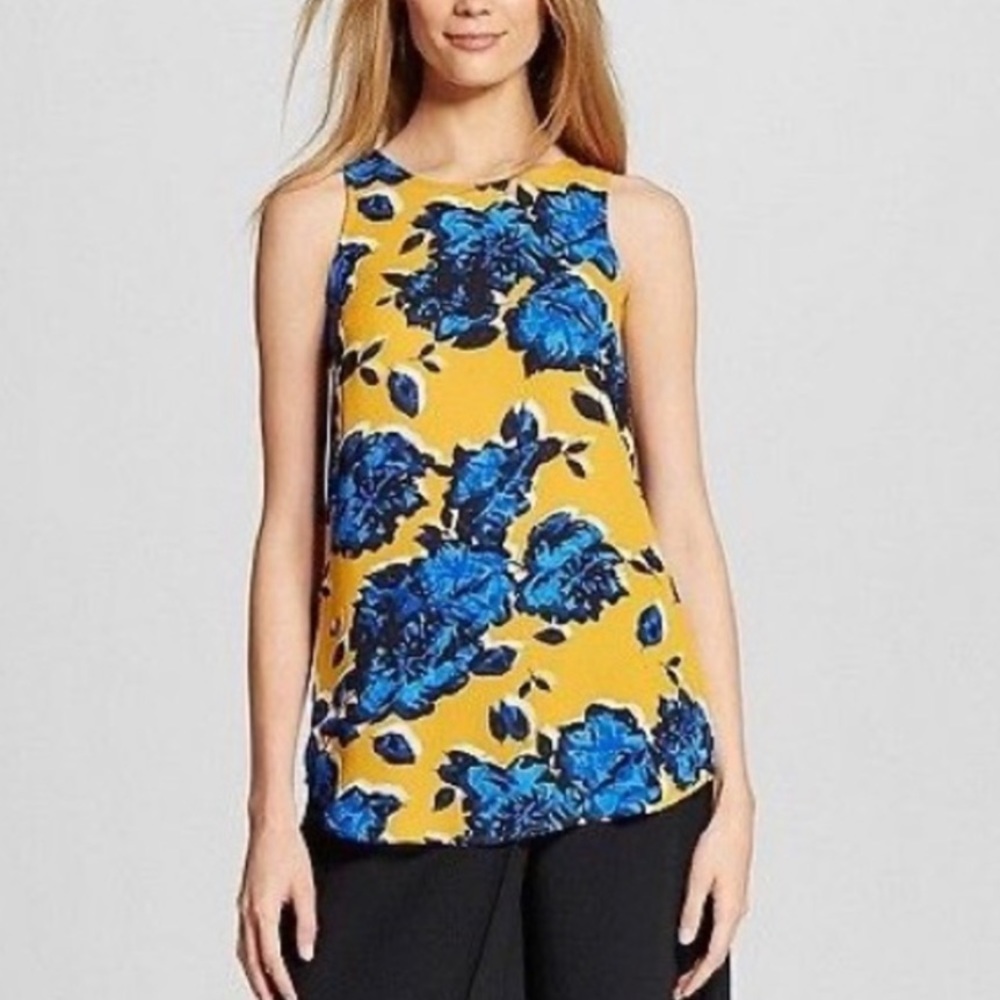 🛍️Blue Yellow Floral Silky Tank Top Back Buttons XL